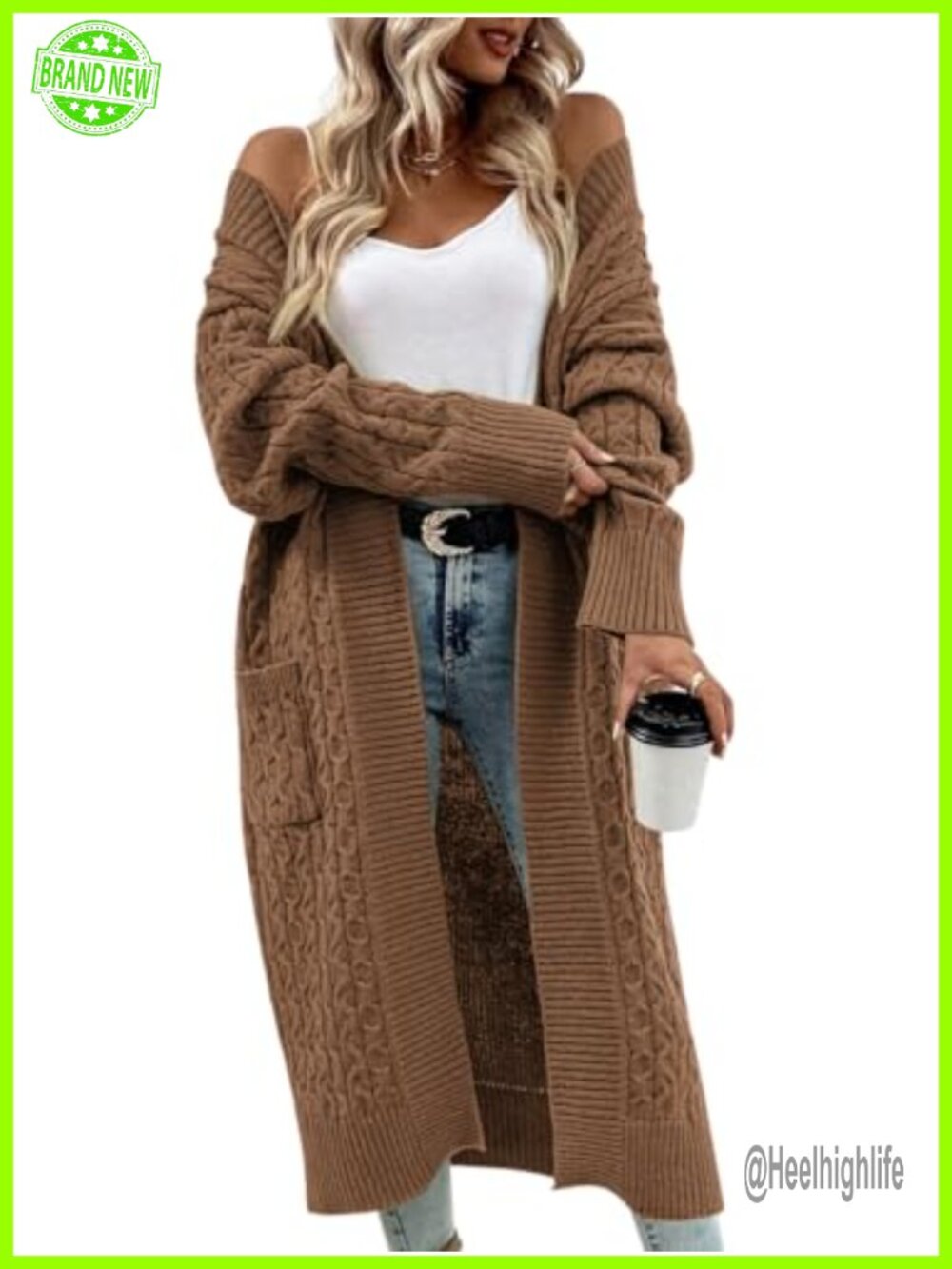 Womens Long Cardigan Cable Knit Open Front Sweater with Pockets